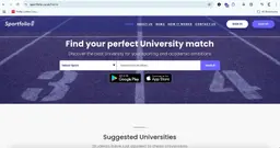 Platform homepage with a sport and university search bar, app store badges and suggested universities